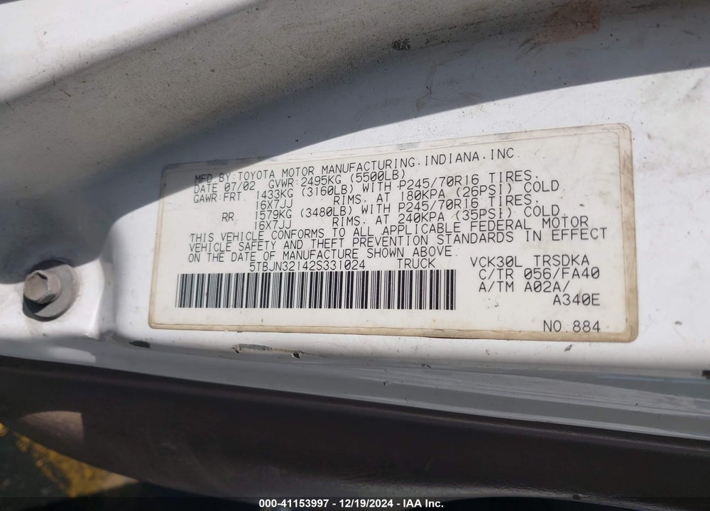 2002 TOYOTA TUNDRA VIN: 5TBJN32142S331024