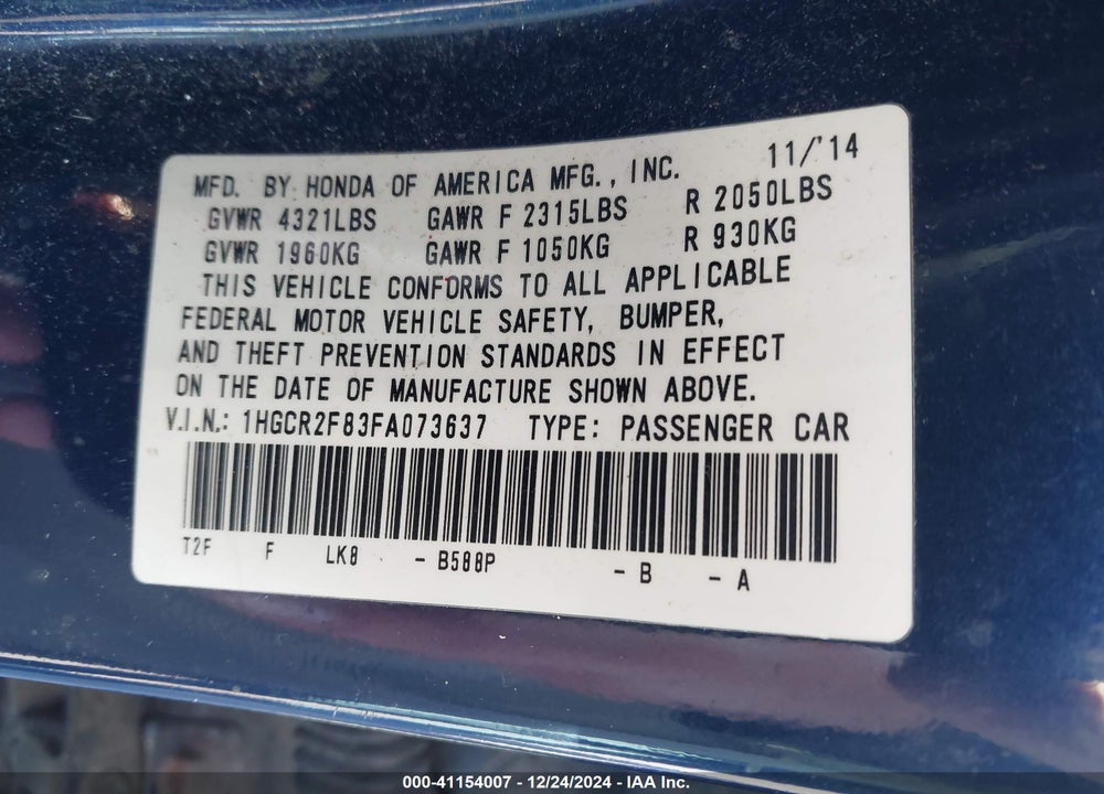 2015 HONDA ACCORD VIN: 1HGCR2F83FA073637
