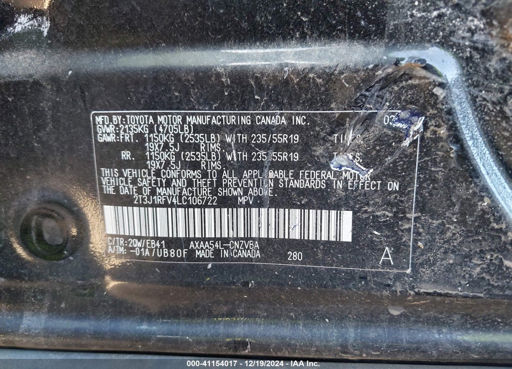 2020 TOYOTA RAV4 ADVENTURE VIN: 2T3J1RFV4LC106722