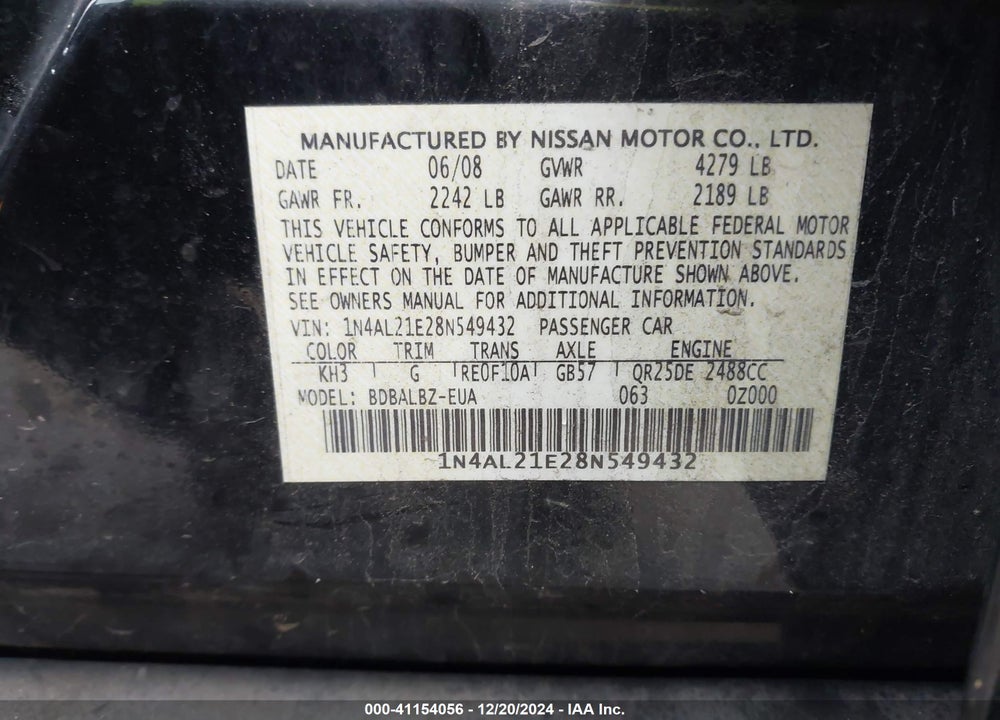 2008 NISSAN ALTIMA 2.5 S VIN: 1N4AL21E28N549432