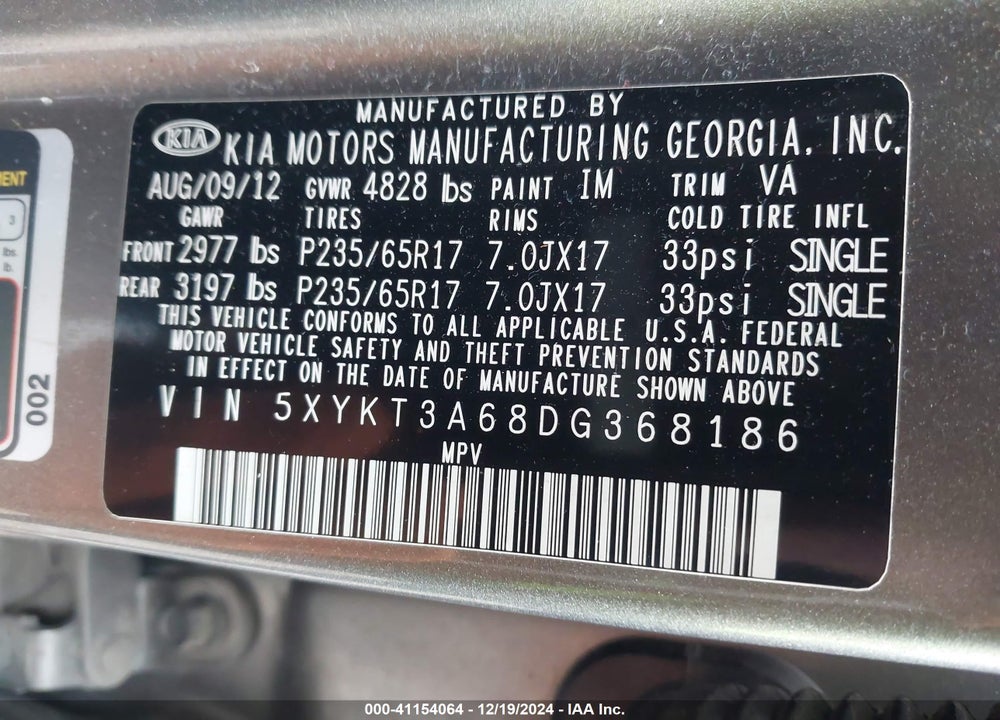 2013 KIA SORENTO LX VIN: 5XYKT3A68DG368186