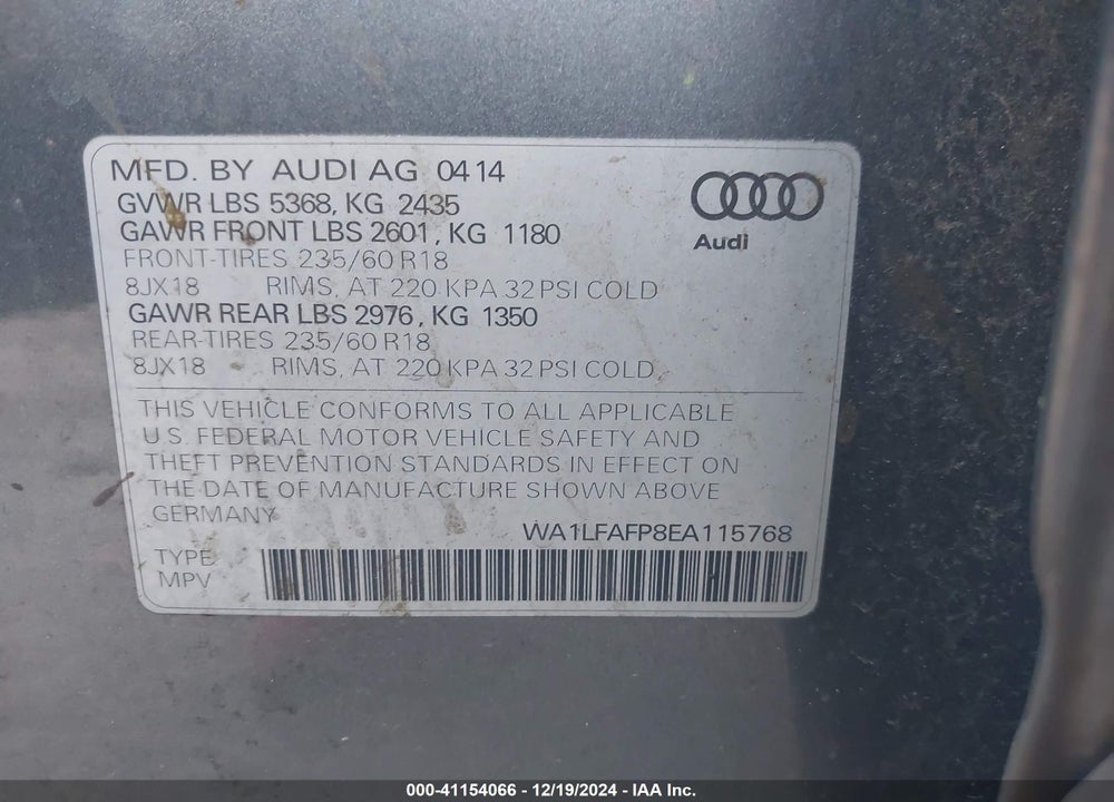 2014 AUDI Q5 2.0T PREMIUM VIN: WA1LFAFP8EA115768