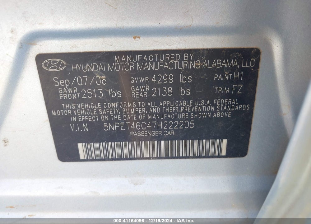 2007 HYUNDAI SONATA GLS VIN: 5NPET46C47H222205