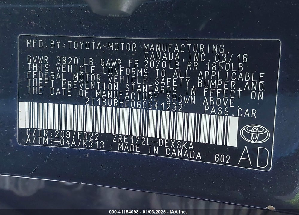 2016 TOYOTA COROLLA S PLUS VIN: 2T1BURHE0GC641232