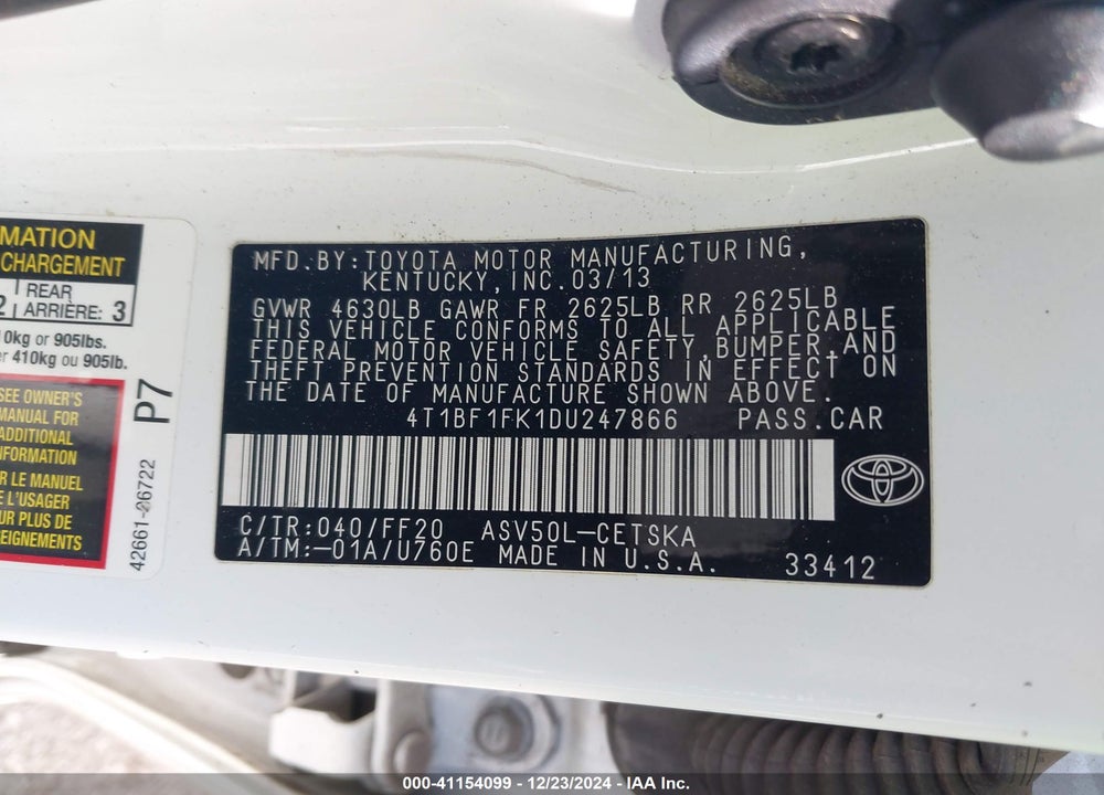 2013 TOYOTA CAMRY SE VIN: 4T1BF1FK1DU247866