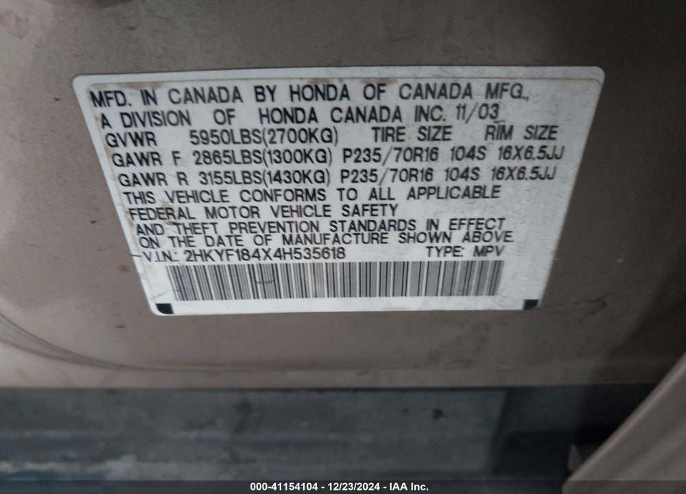 2004 HONDA PILOT EX VIN: 2HKYF184X4H535618