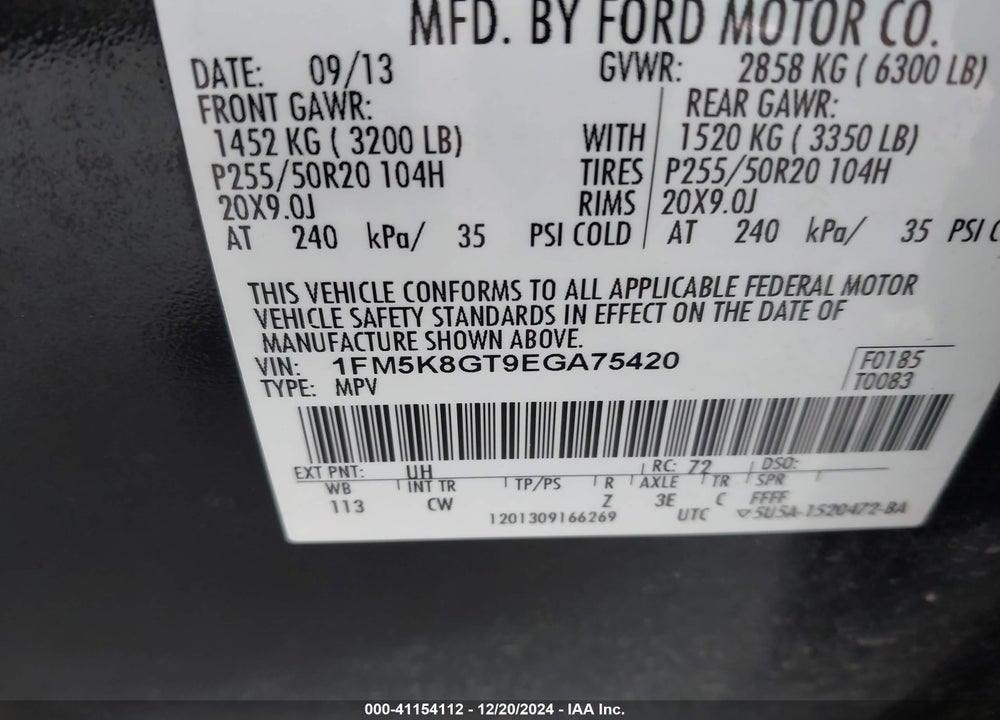 2014 FORD EXPLORER SPORT VIN: 1FM5K8GT9EGA75420