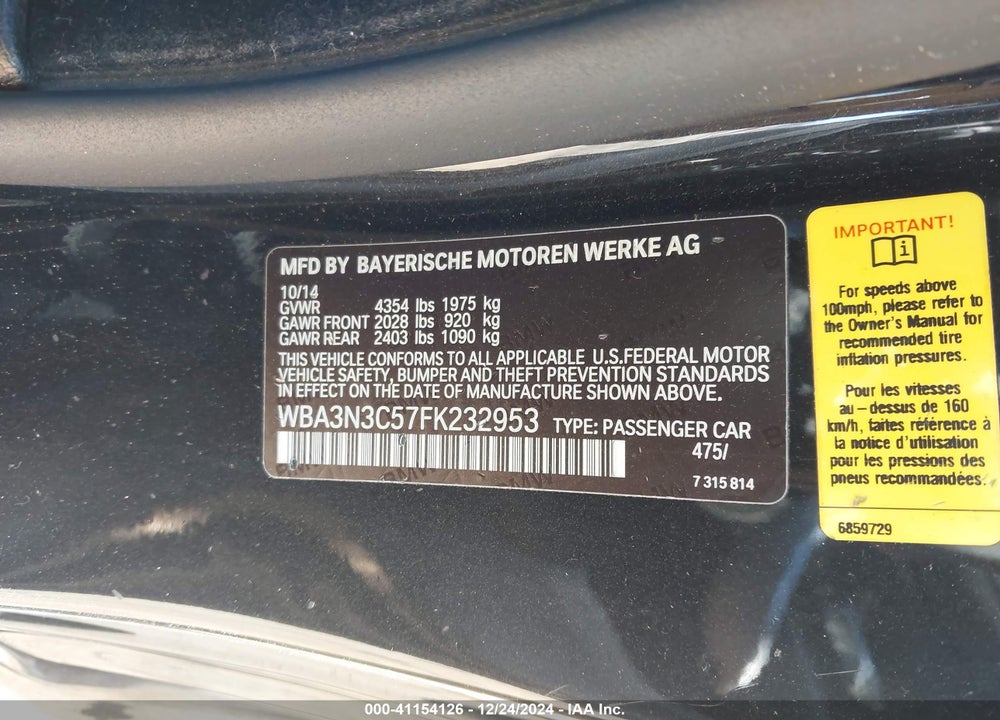 2015 BMW 428I VIN: WBA3N3C57FK232953