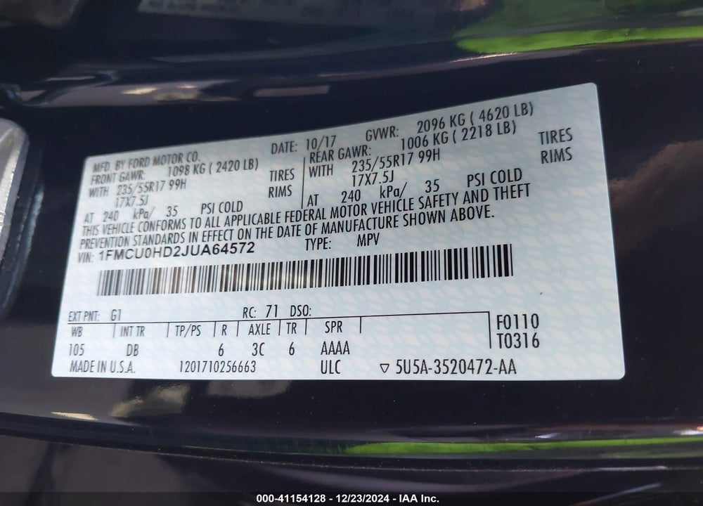 2018 FORD ESCAPE SEL VIN: 1FMCU0HD2JUA64572