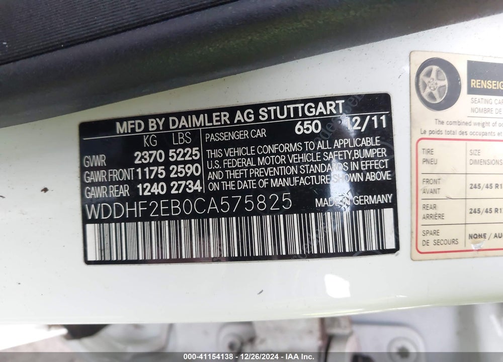 2012 MERCEDES-BENZ E 350 BLUETEC VIN: WDDHF2EB0CA575825