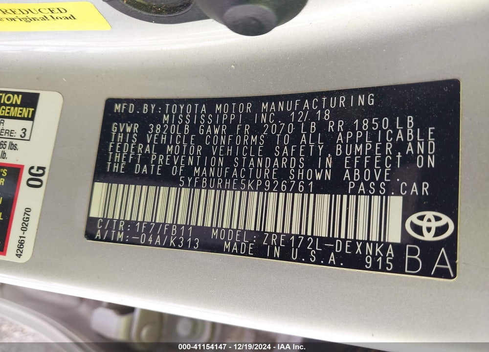 2019 TOYOTA COROLLA LE VIN: 5YFBURHE5KP926761