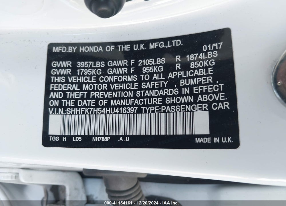2017 HONDA CIVIC VIN: SHHFK7H54HU416397