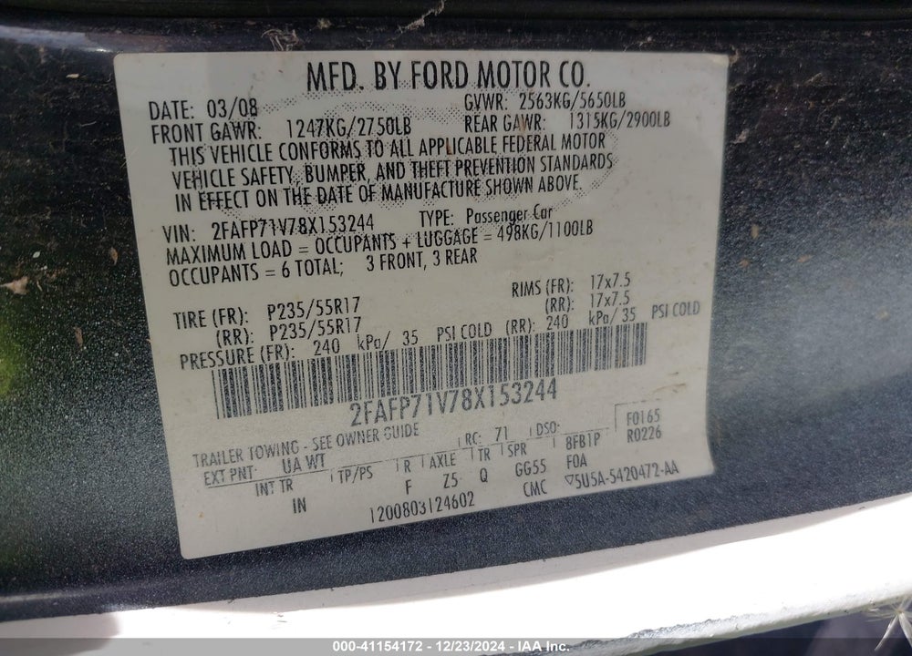 2008 FORD CROWN VICTORIA VIN: 2FAFP71V78X153244