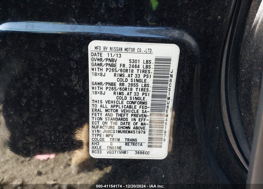 2014 INFINITI QX70 VIN: JN8CS1MU6EM451979