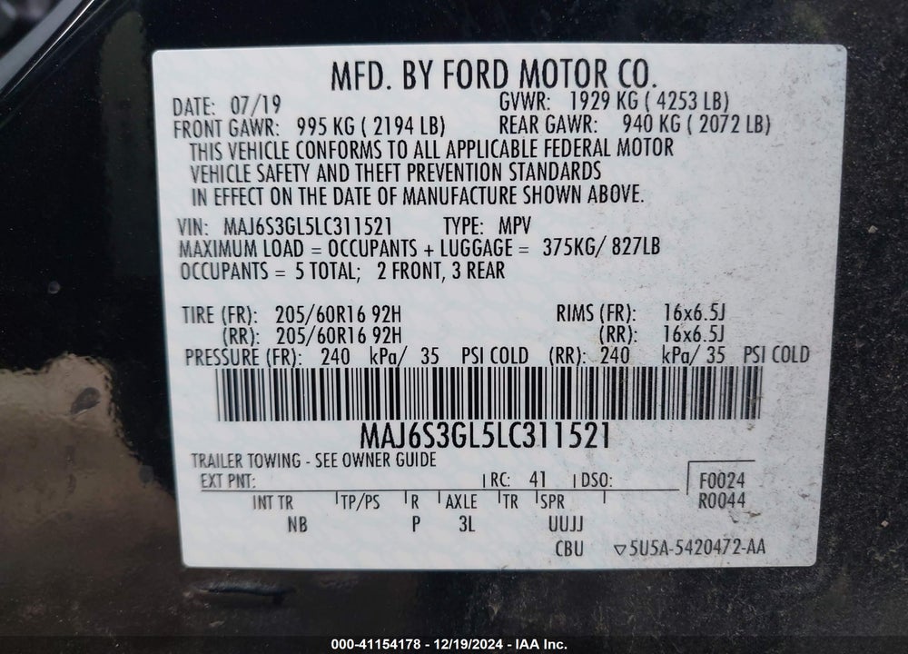 2020 FORD ECOSPORT VIN: MAJ6S3GL5LC311521