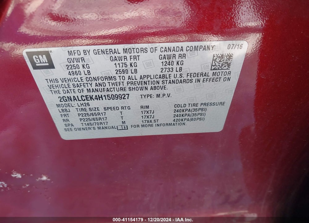 2017 CHEVROLET EQUINOX LT VIN: 2GNALCEK4H1509927
