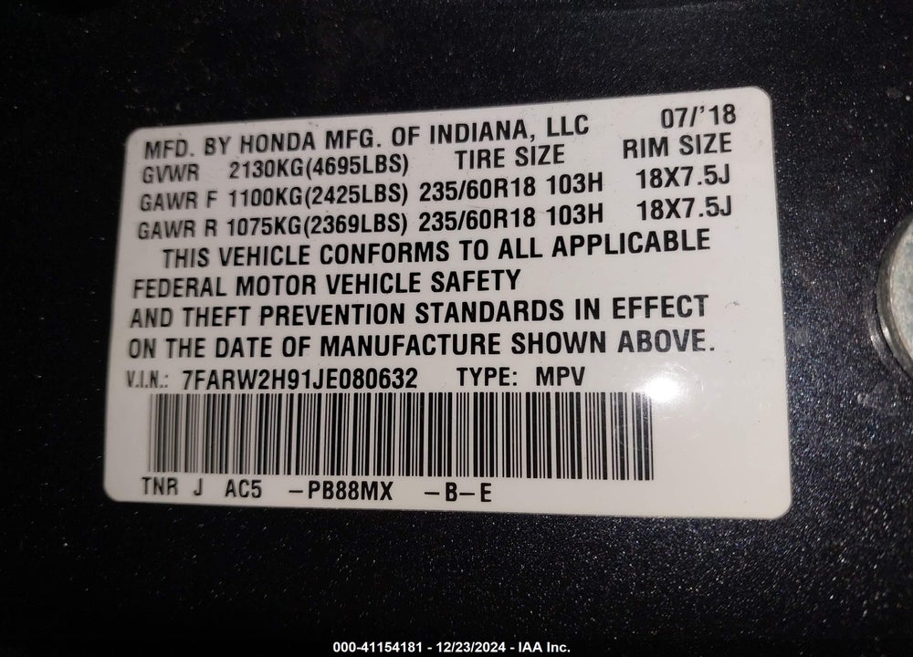 2018 HONDA CR-V VIN: 7FARW2H91JE080632