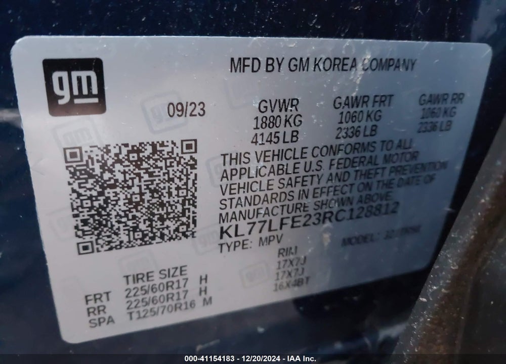 2024 CHEVROLET TRAX FWD SP VIN: KL77LFE23RC128812