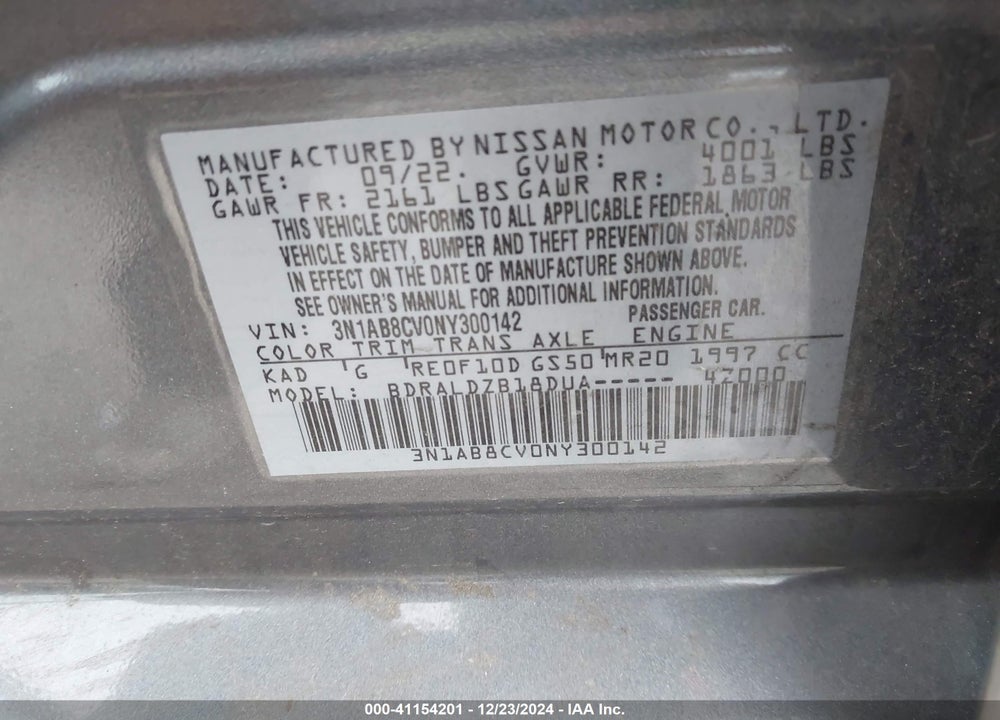 2022 NISSAN SENTRA VIN: 3N1AB8CV0NY300142