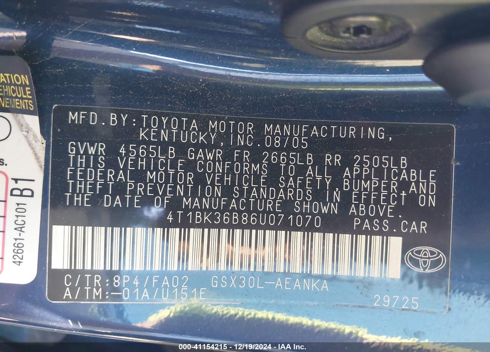 2006 TOYOTA AVALON VIN: 4T1BK36B86U071070