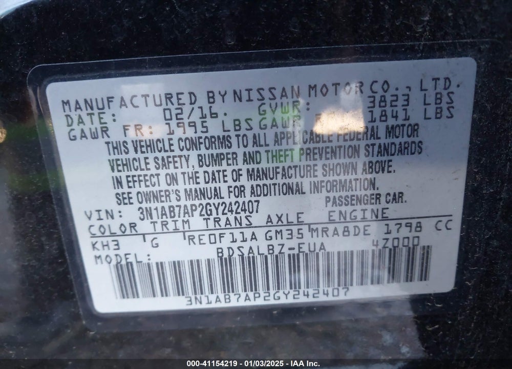 2016 NISSAN SENTRA S VIN: 3N1AB7AP2GY242407