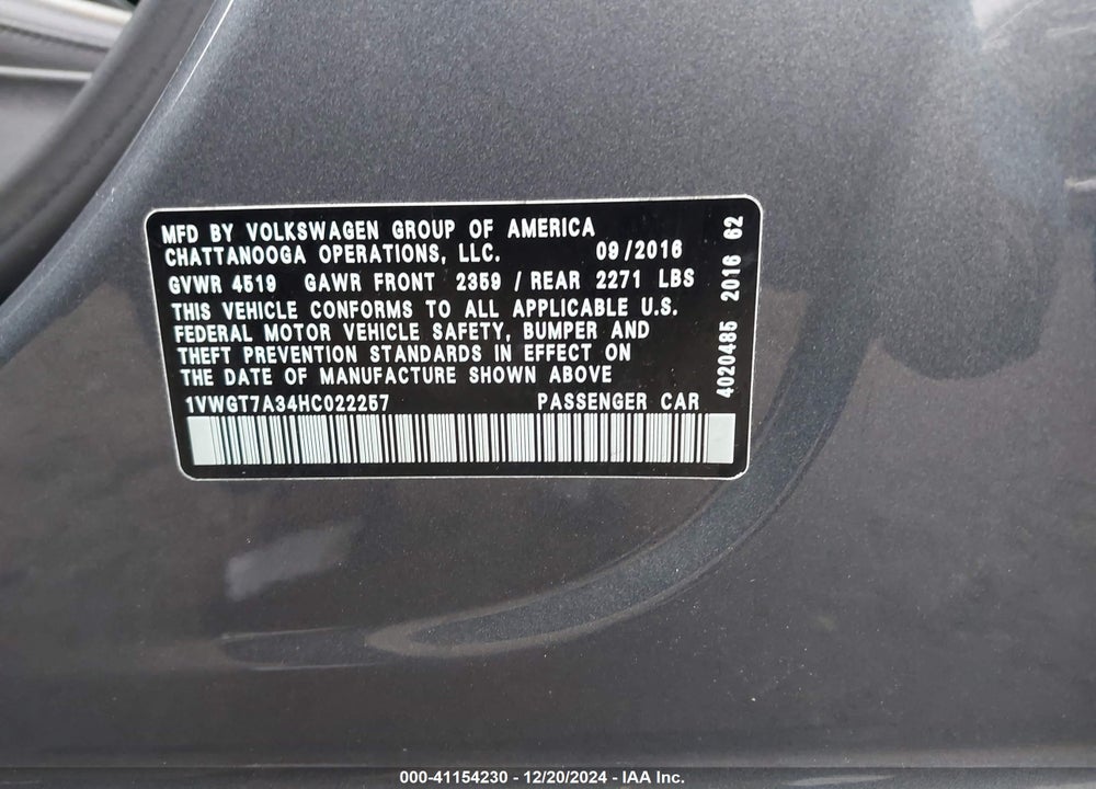 2017 VOLKSWAGEN PASSAT 1.8T SE VIN: 1VWGT7A34HC022257