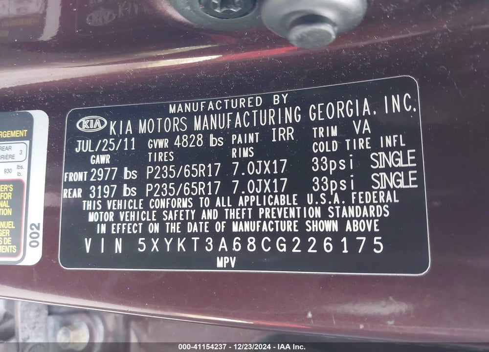 2012 KIA SORENTO LX VIN: 5XYKT3A68CG226175