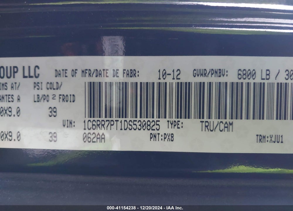 2013 RAM 1500 VIN: 1C6RR7PT1DS530825