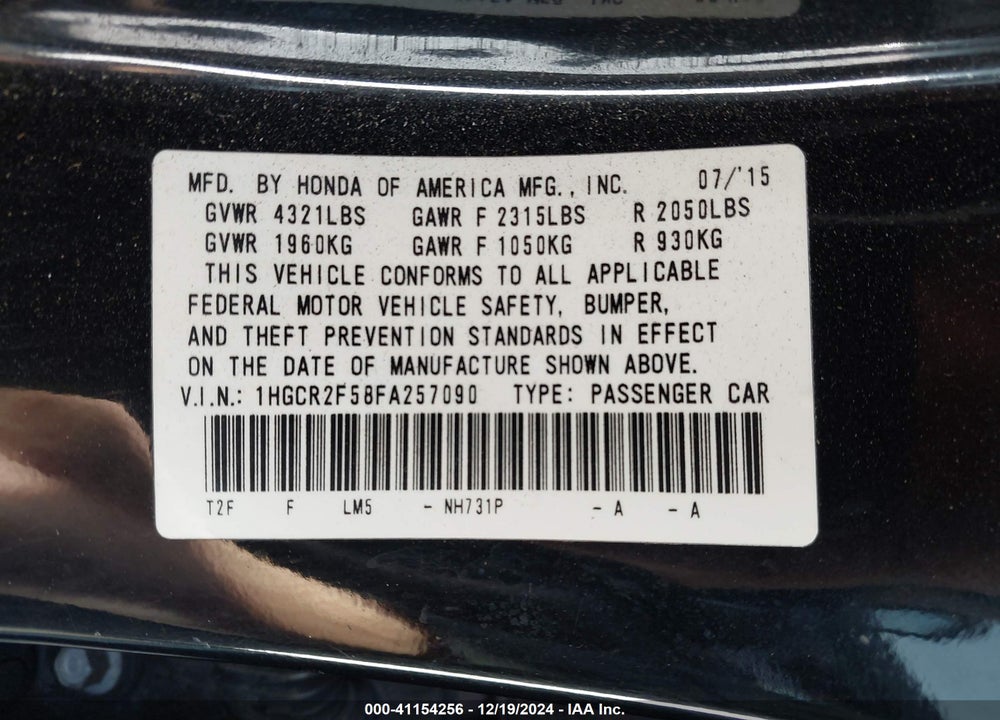 2015 HONDA ACCORD SPORT VIN: 1HGCR2F58FA257090