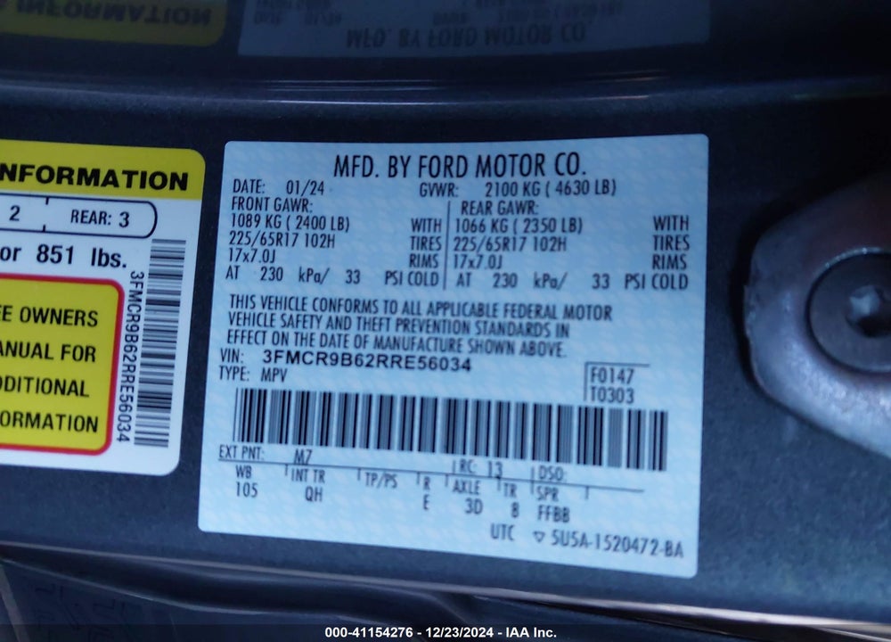 2024 FORD BRONCO SPORT VIN: 3FMCR9B62RRE56034