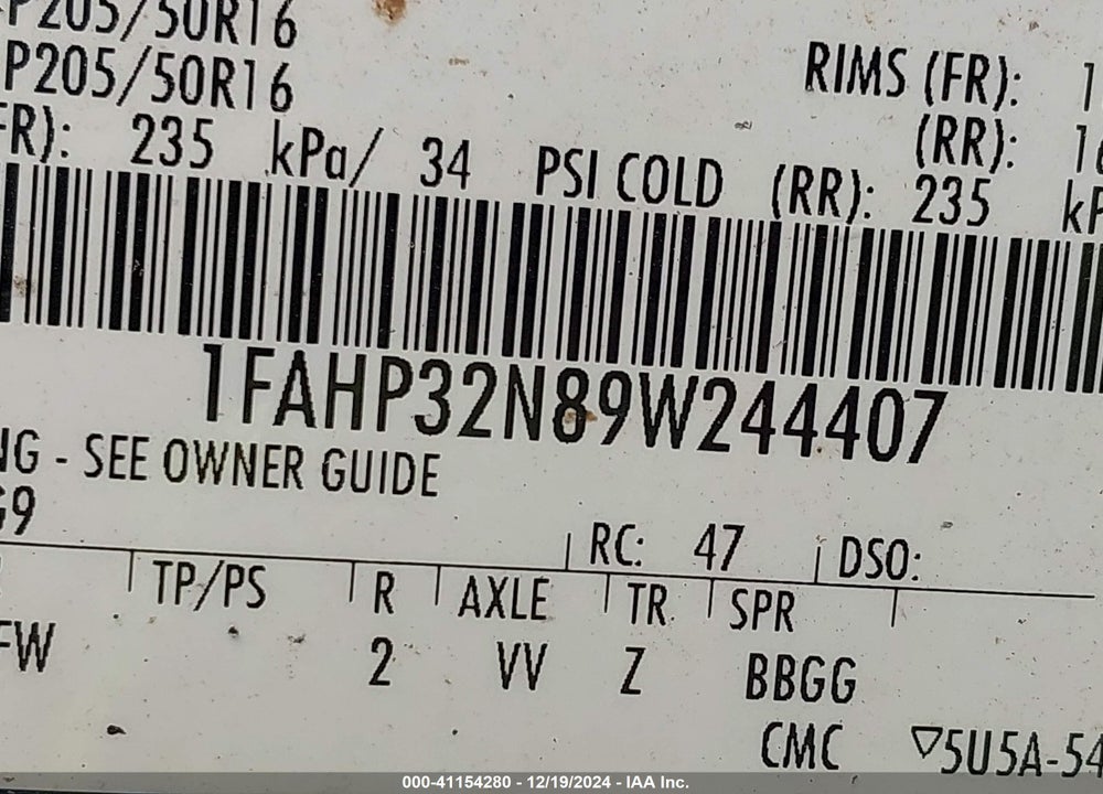 2009 FORD FOCUS SE VIN: 1FAHP32N89W244407