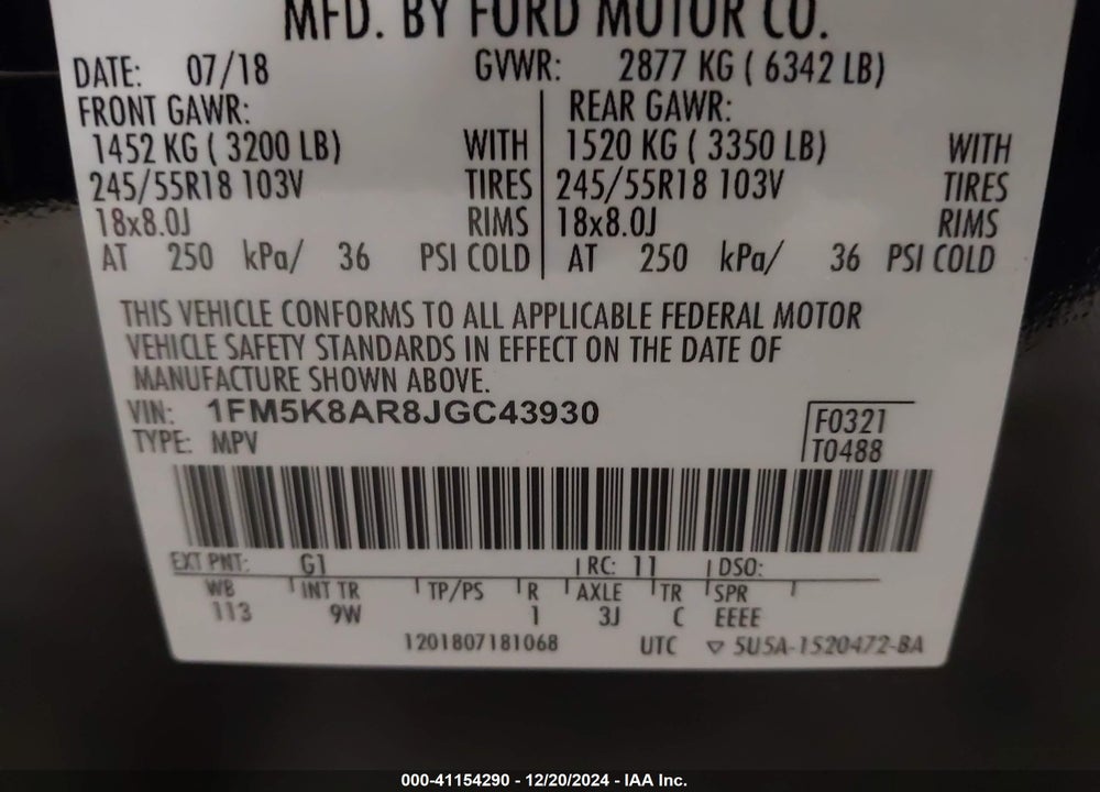 2018 FORD POLICE INTERCEPTOR VIN: 1FM5K8AR8JGC43930
