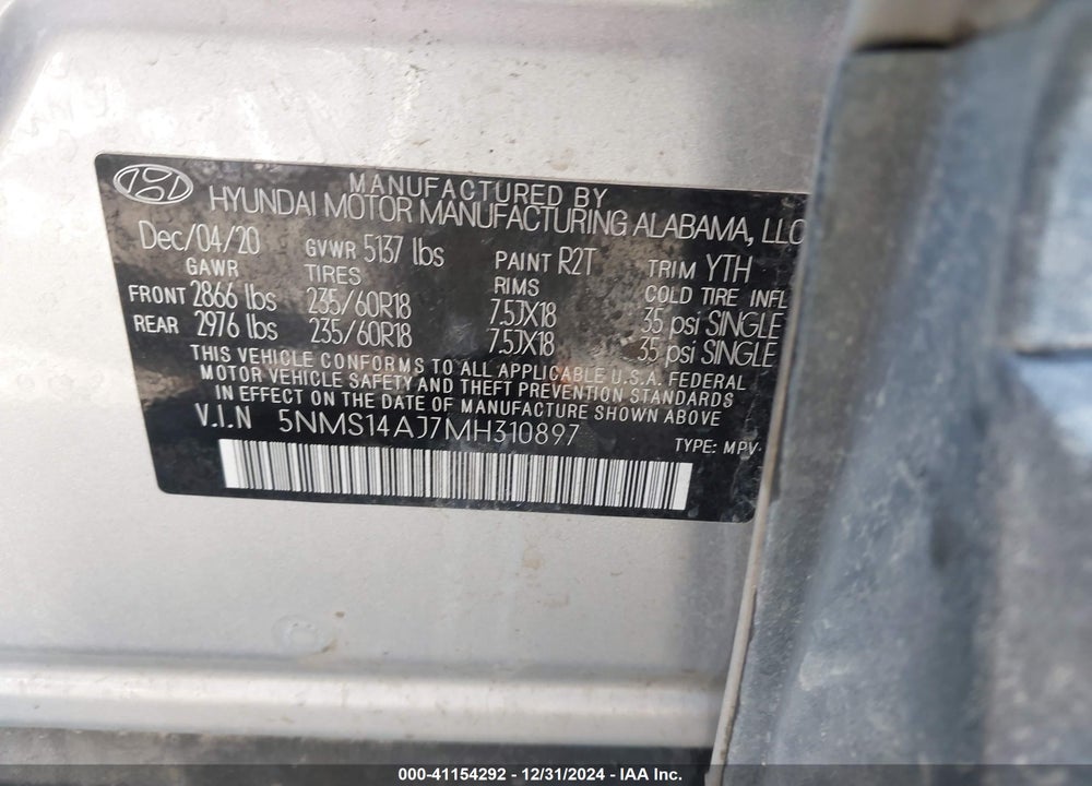 2021 HYUNDAI SANTA FE SE VIN: 5NMS14AJ7MH310897