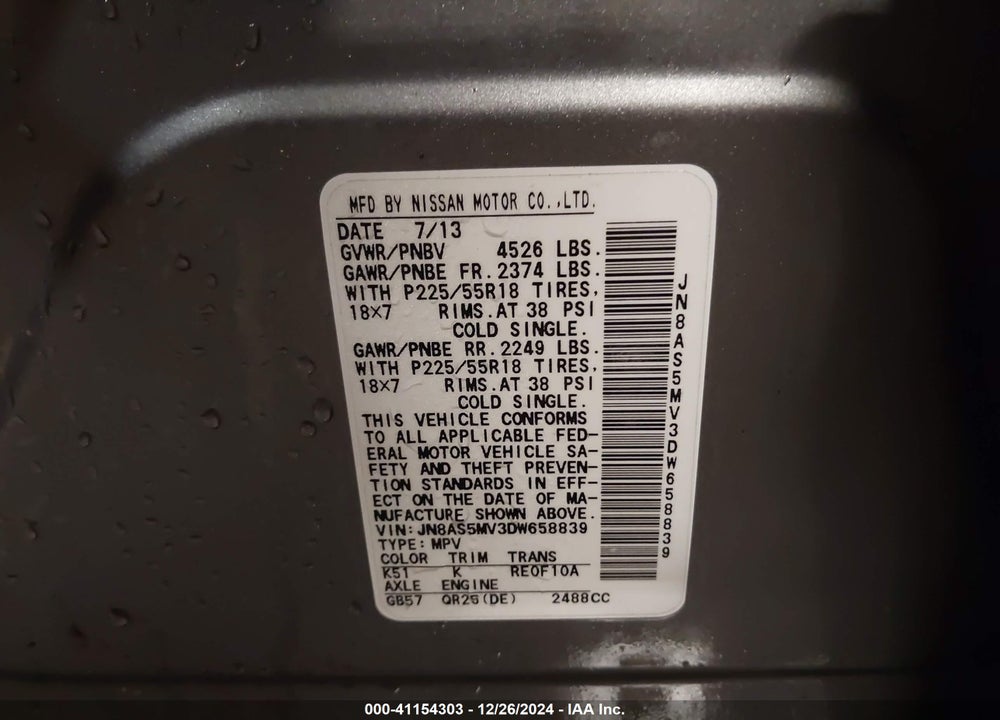2013 NISSAN ROGUE SV W/SL PKG VIN: JN8AS5MV3DW658839
