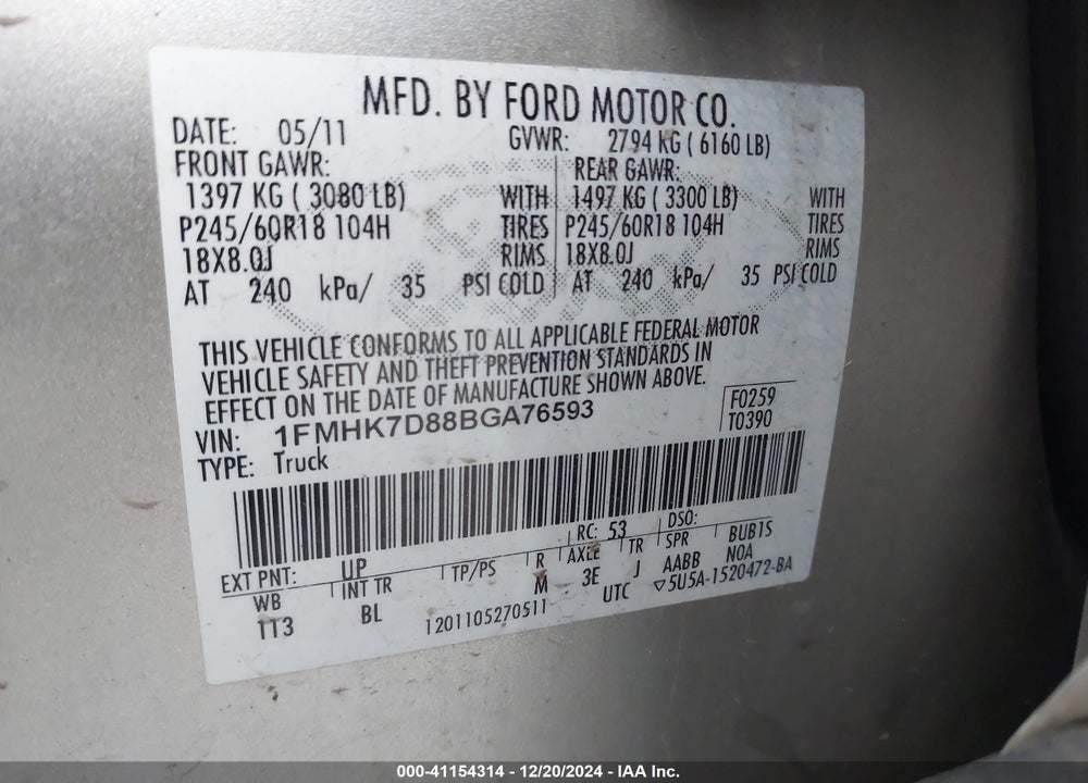 2011 FORD EXPLORER XLT VIN: 1FMHK7D88BGA76593