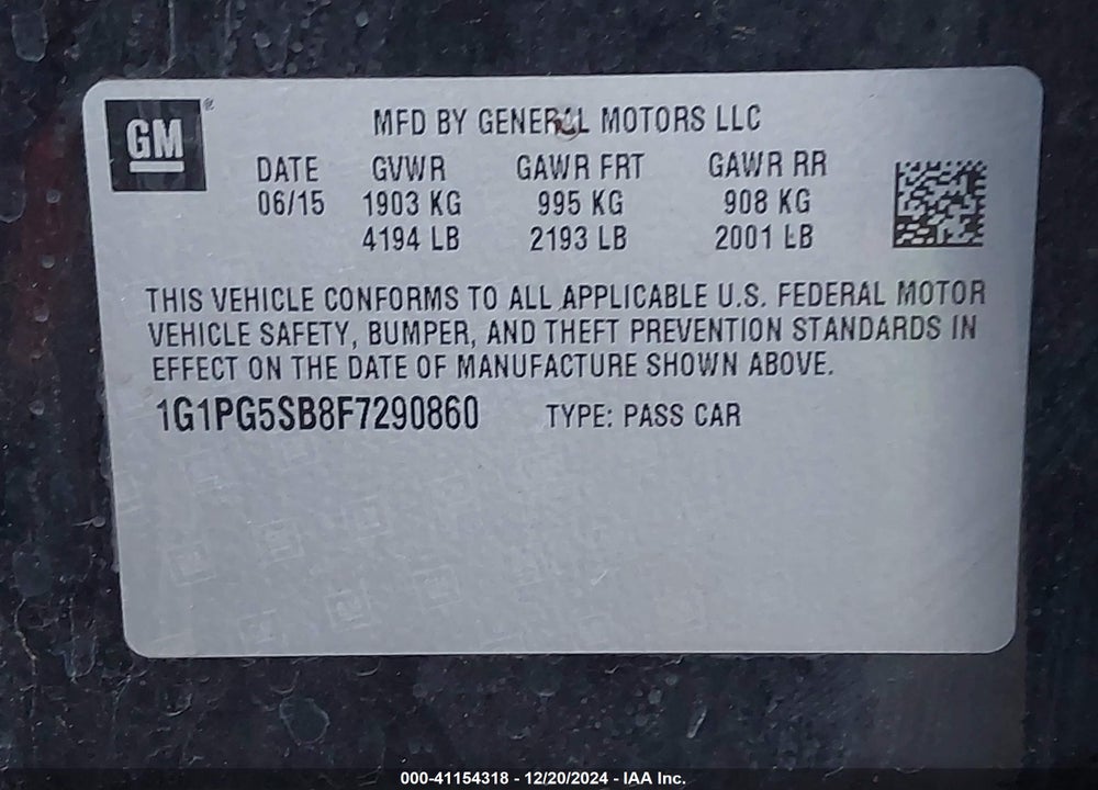 2015 CHEVROLET CRUZE VIN: 1G1PG5SB8F7290860