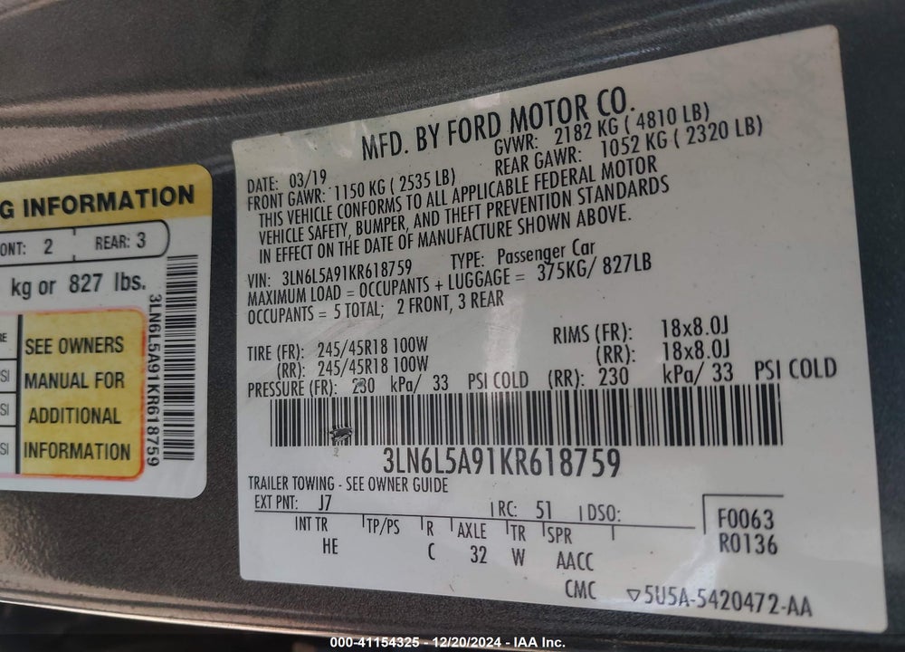 2019 LINCOLN MKZ STANDARD VIN: 3LN6L5A91KR618759