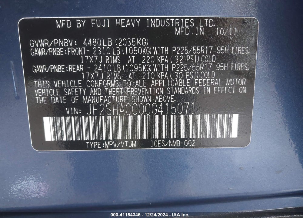 2012 SUBARU FORESTER 2.5X PREMIUM VIN: JF2SHACC0CG415071