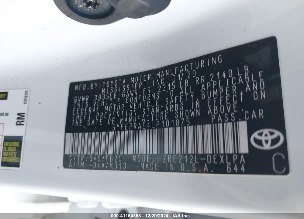 2020 TOYOTA COROLLA LE VIN: 5YFEPRAE4LP101875