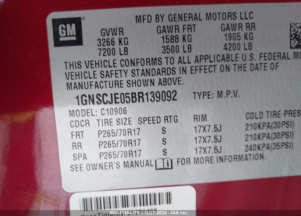 2011 CHEVROLET SUBURBAN 1500 LT1 VIN: 1GNSCJE05BR139092