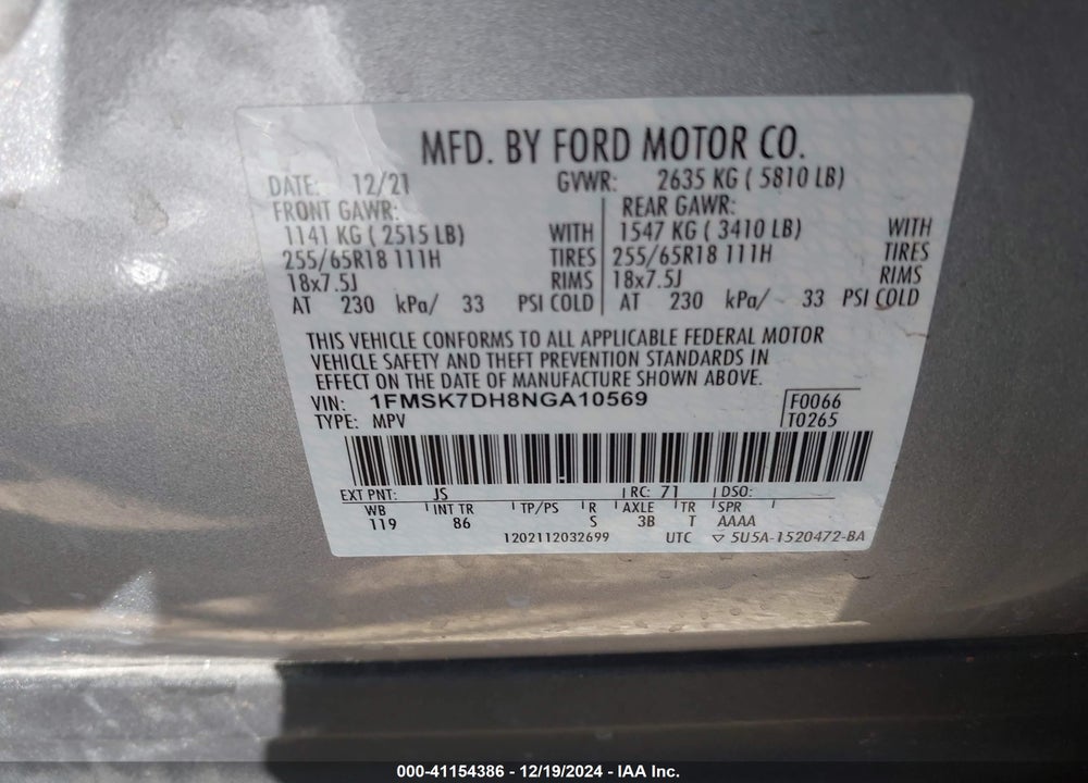 2022 FORD EXPLORER XLT VIN: 1FMSK7DH8NGA10569