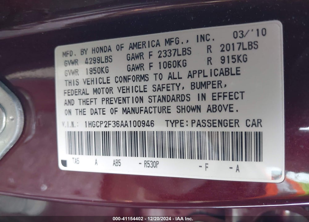 2010 HONDA ACCORD 2.4 LX VIN: 1HGCP2F36AA100946