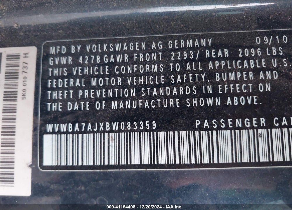 2011 VOLKSWAGEN GOLF 2.5L 2-DOOR VIN: WVWBA7AJXBW083359