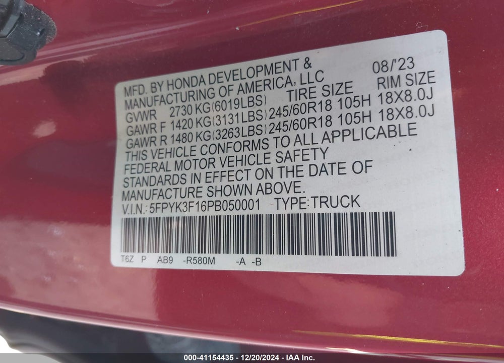 2023 HONDA RIDGELINE VIN: 5FPYK3F16PB050001