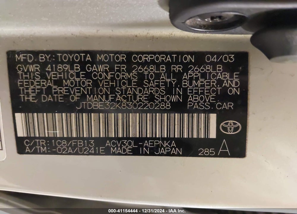 2003 TOYOTA CAMRY LE VIN: JTDBE32K830220288