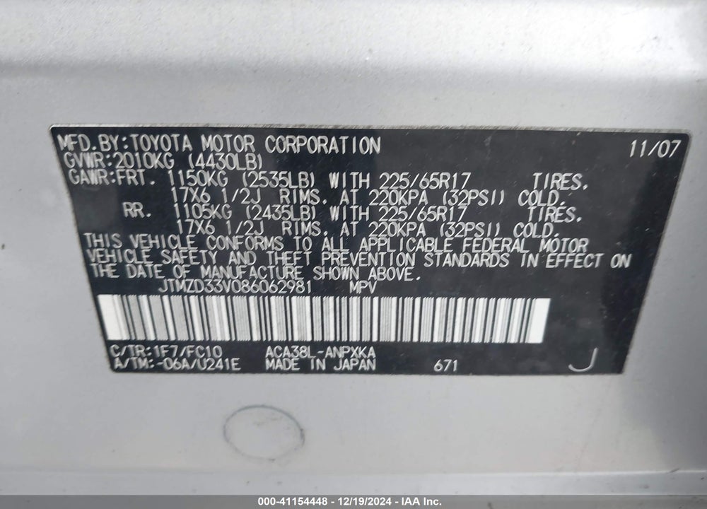 2008 TOYOTA RAV4 VIN: JTMZD33V086062981