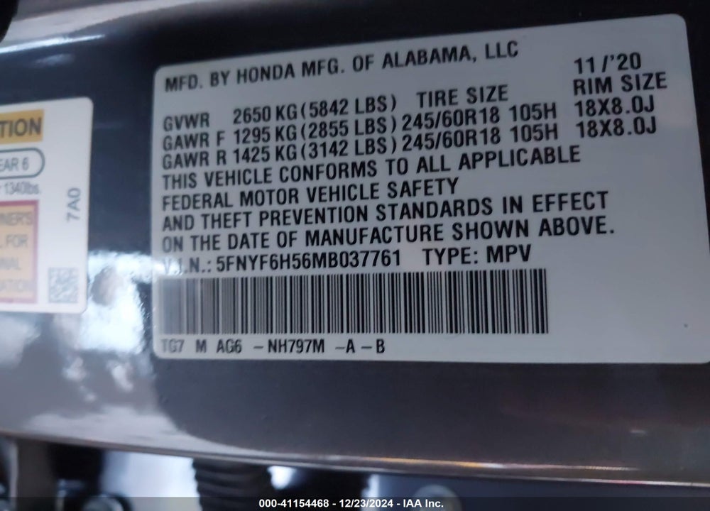 2021 HONDA PILOT VIN: 5FNYF6H56MB037761
