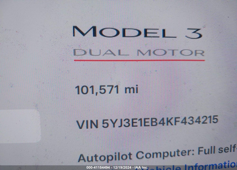 2019 TESLA MODEL 3 LONG RANGE/PERFORMANCE VIN: 5YJ3E1EB4KF434215
