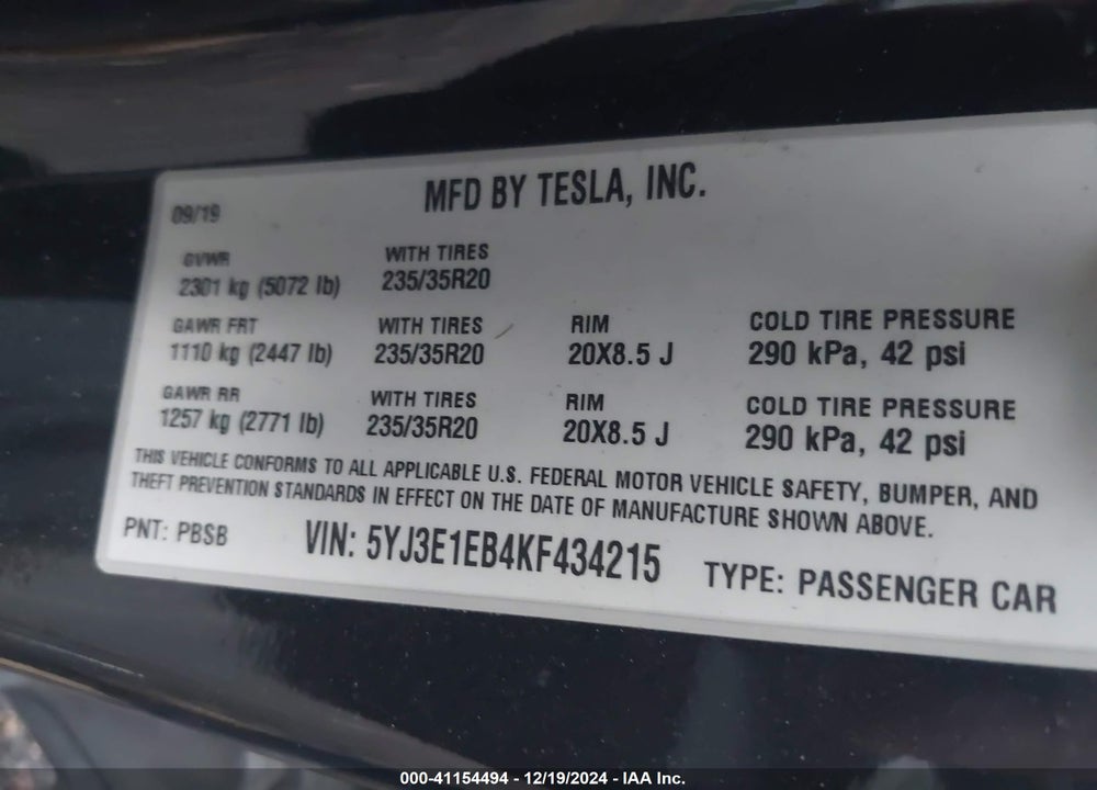 2019 TESLA MODEL 3 LONG RANGE/PERFORMANCE VIN: 5YJ3E1EB4KF434215