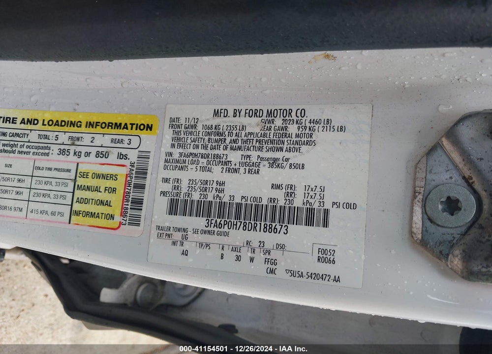 2013 FORD FUSION SE VIN: 3FA6P0H78DR188673